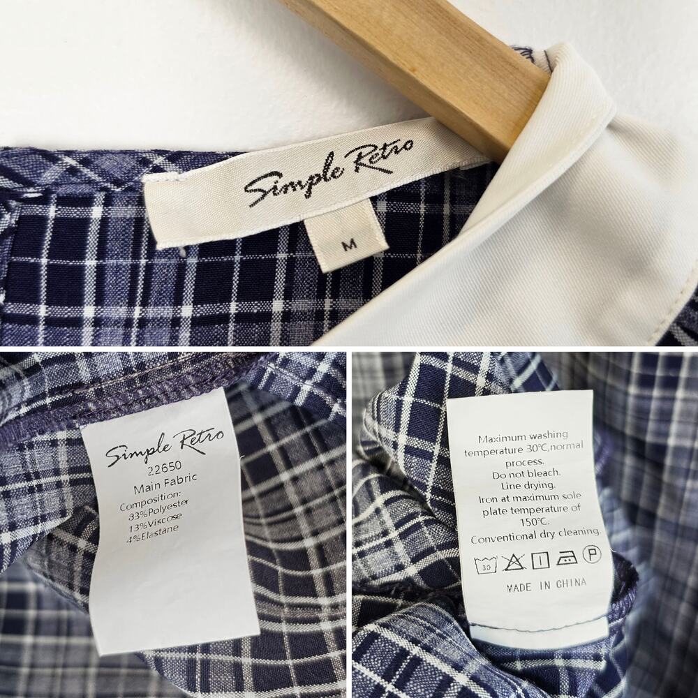 Simple Retro Whitney Round Neck Tie Bow Collision Blue Check Dress Sz Medium - Picture 11 of 11